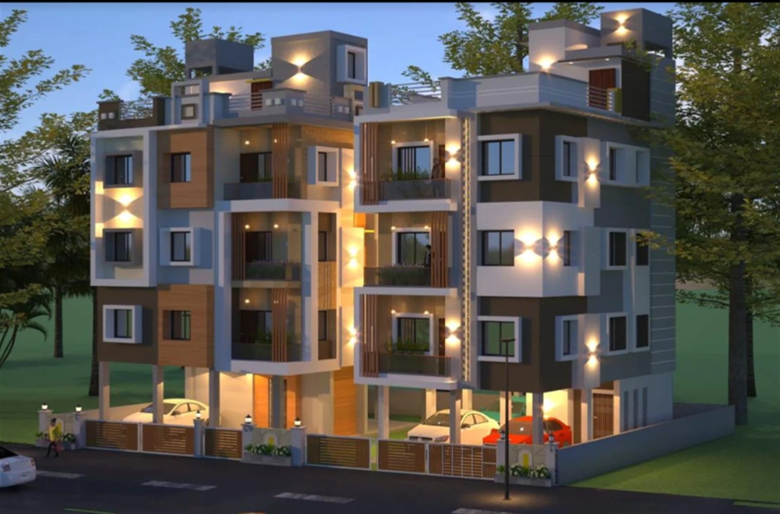 UrbanNest exterior render, night view